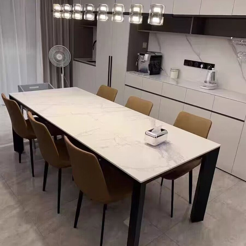 纯黑岩板餐桌航空级全铝合金框架方形饭桌意式极简家用饭桌德利丰