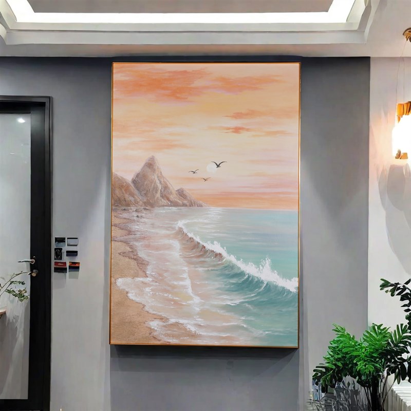 客厅奶油风海景沙滩装饰画画肌理高级感大幅玄关落地挂画海滩