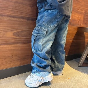 男童牛仔直筒阔腿工装裤子街舞潮酷2025春秋装宝宝小中大儿童长裤