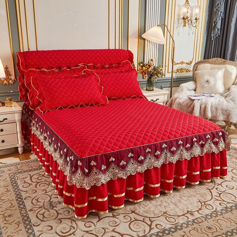 公主风大红色夹棉床裙三件套蕾丝加厚防滑床罩四季床套全包床头罩,床上用品,床裙,淘宝优惠券,粉丝福利购,淘宝优惠卷