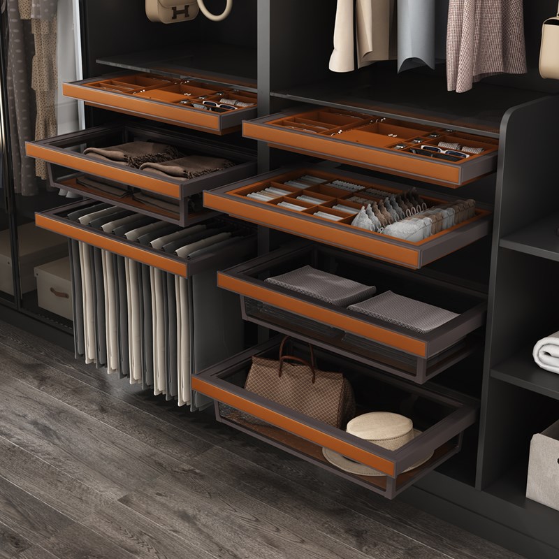 米司库衣帽间拉篮多功能推拉裤架储物篮衣柜玻璃篮升级皮革面板