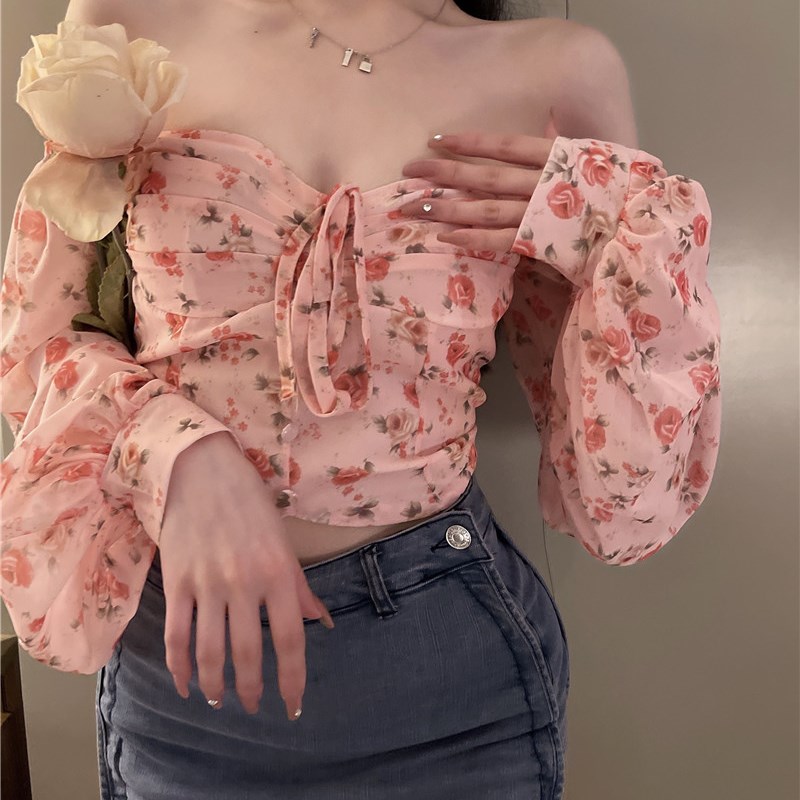 碎花露肩长袖雪纺衫女夏季新款甜美小清新气质女神范系带短款上衣