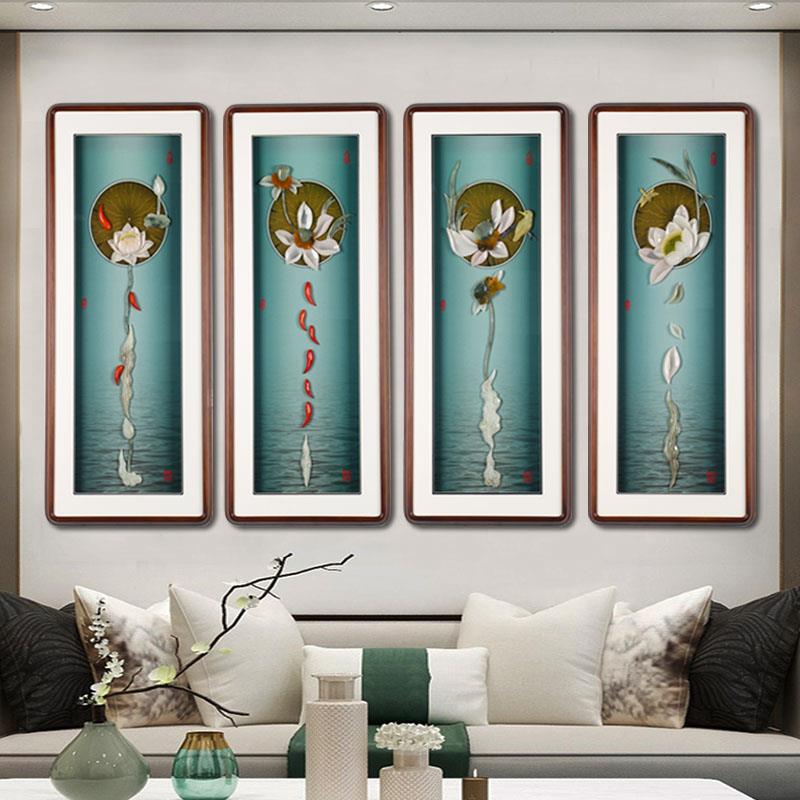 四联沙发背景墙装饰画四条屏挂画新中式玉雕客厅茶室3d立体浮雕画