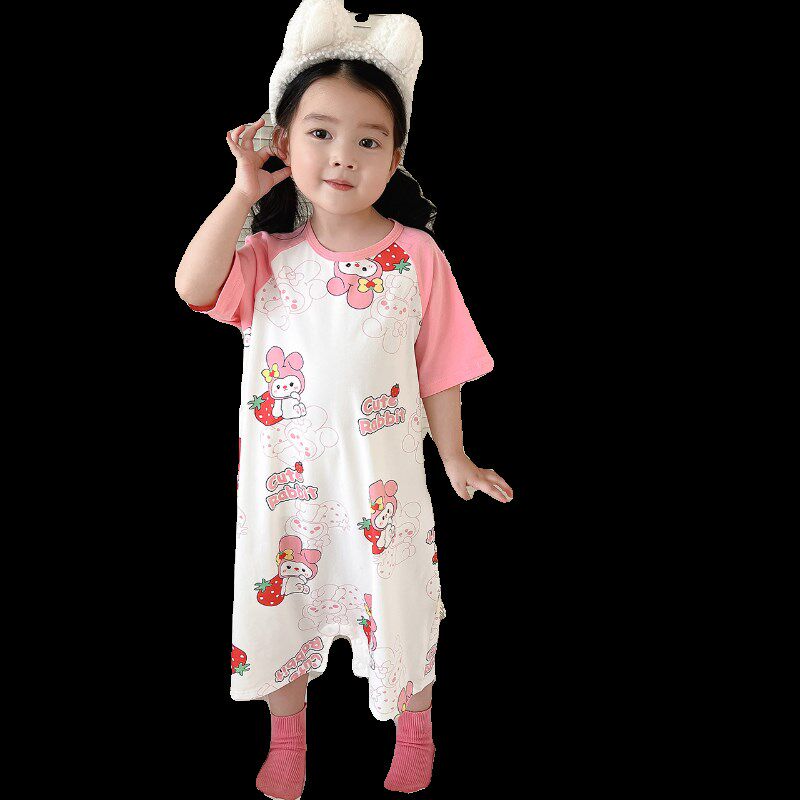 儿童睡袍薄款纯棉短袖宝宝连体衣防踢被女童夏天空调服男童家居服