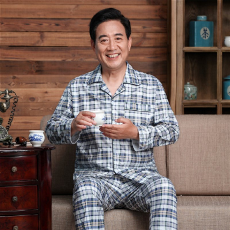 老人爷爷纽扣开衫睡衣开小便口睡裤套装男秋夏纯棉长袖长裤爸爸装