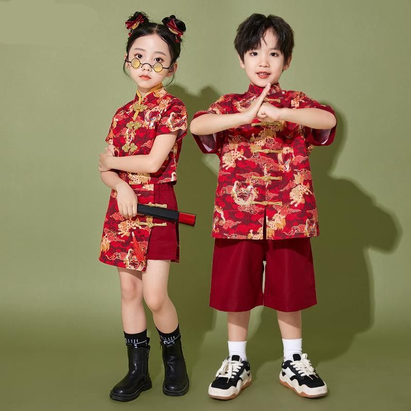 儿童国风旗袍复古演出服中式唐装男女童表演服汉服朗诵国潮舞台服