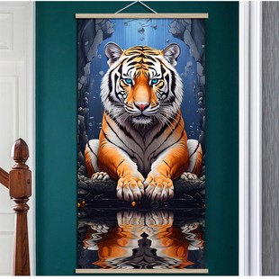 猛虎老虎图卷轴挂画上山虎下山虎装饰办公室玄关走廊过道威武招财