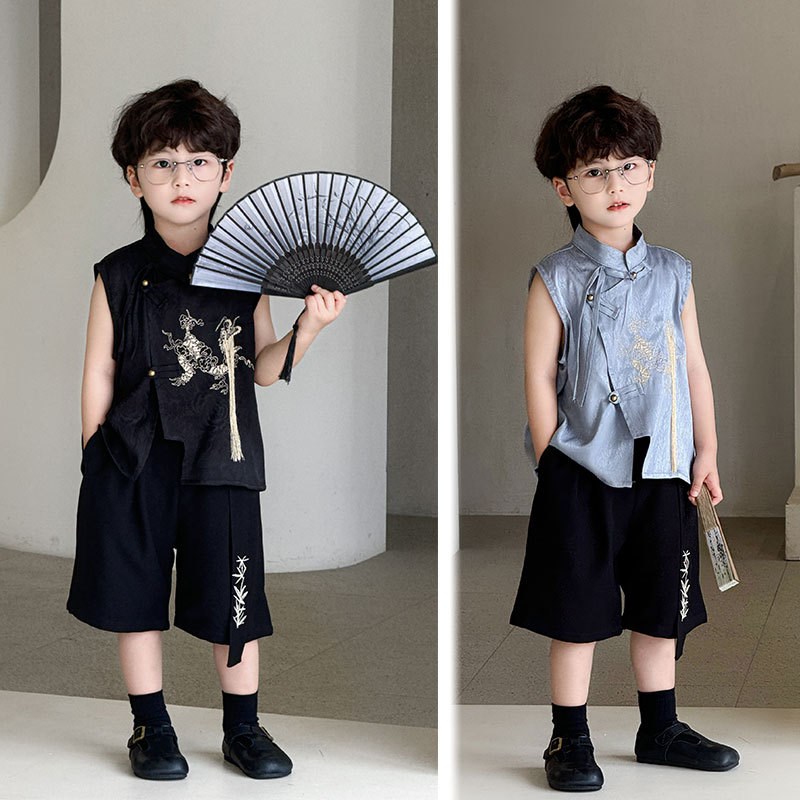 男童新中式唐装汉服套装2024夏季新款立领麒麟绣花国风短袖上衣潮