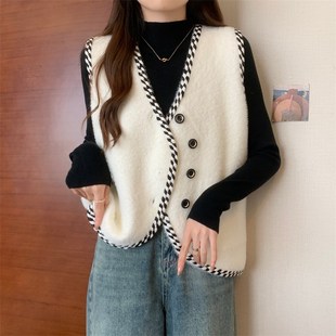 大码 减龄背心外套 设计感撞色编织针织马甲上衣女秋冬2024新款 时尚