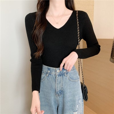 春秋冬2024新款v领内搭长袖毛衣女打底衫百搭修身低领针织衫上衣