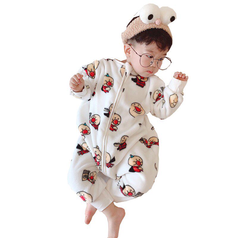 宝宝睡袋珊瑚绒秋冬季加绒保暖婴儿防踢被分腿法兰绒儿童连体睡衣