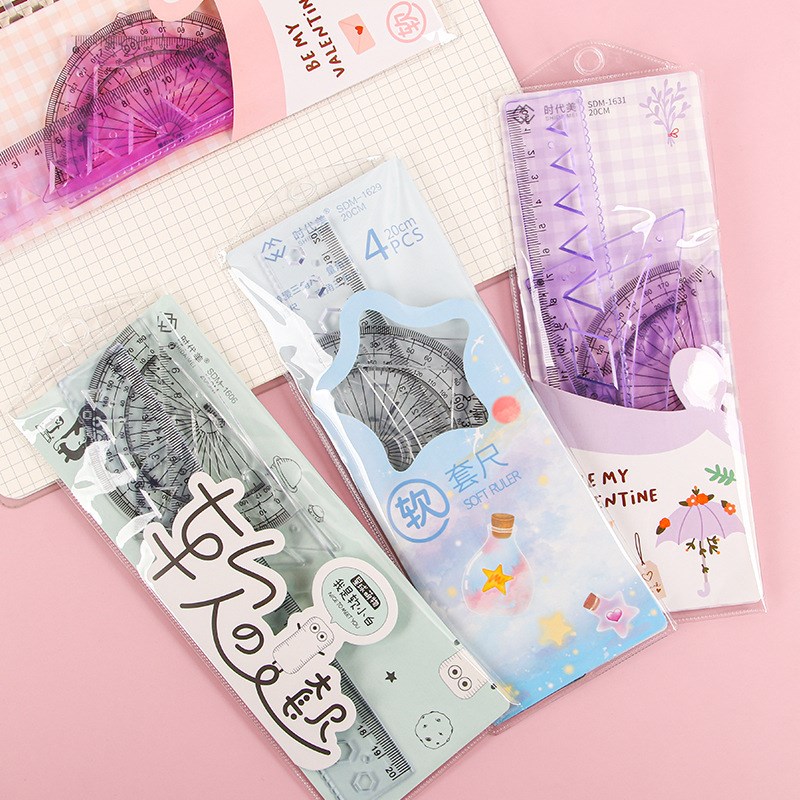 卡通软尺套装文具小学生软直尺4件套折不断三角板量角器儿童尺子