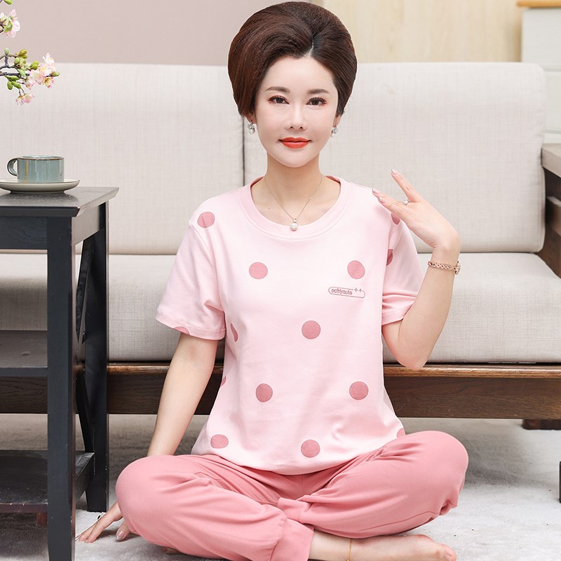 中老年人睡衣女夏季薄款纯棉短袖长裤妈妈套头家居服宽松大码套装