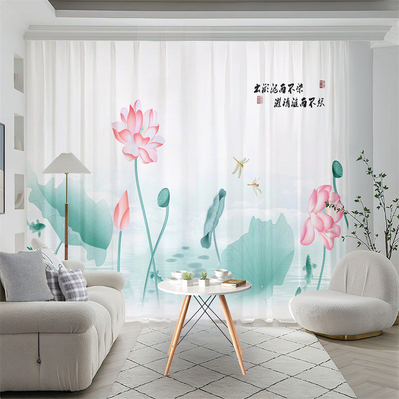 新中式水墨荷花窗帘佛系禅意书房窗纱卧室客厅中国风古山水画纱帘