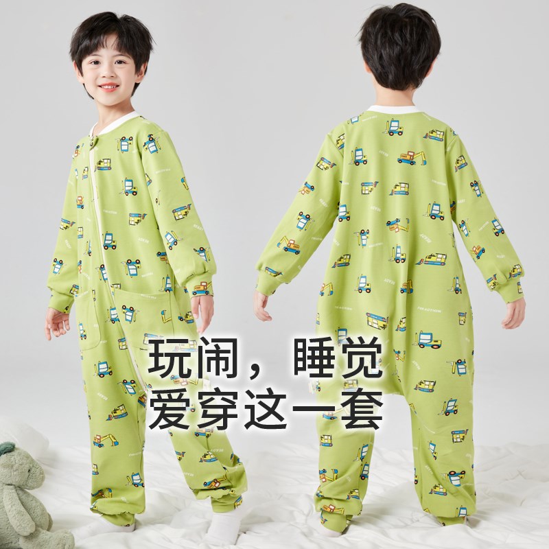 灵灵多儿童连体睡衣春秋冬纯棉男童连身睡衣防踢被宝宝分腿睡袋