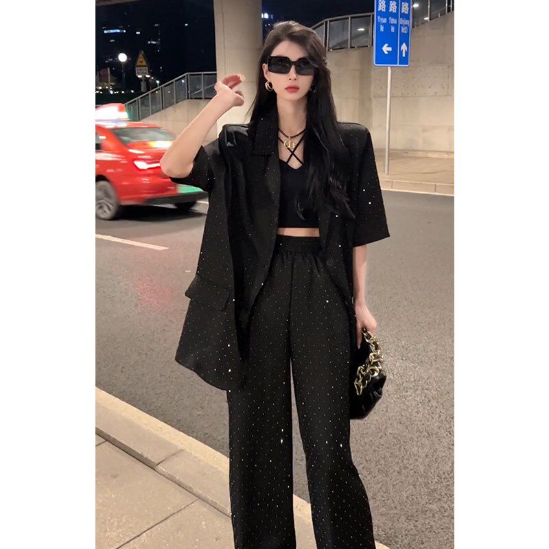 黑色时尚西装套装女2023夏装新款高级感气质短袖薄款阔脚裤两件套