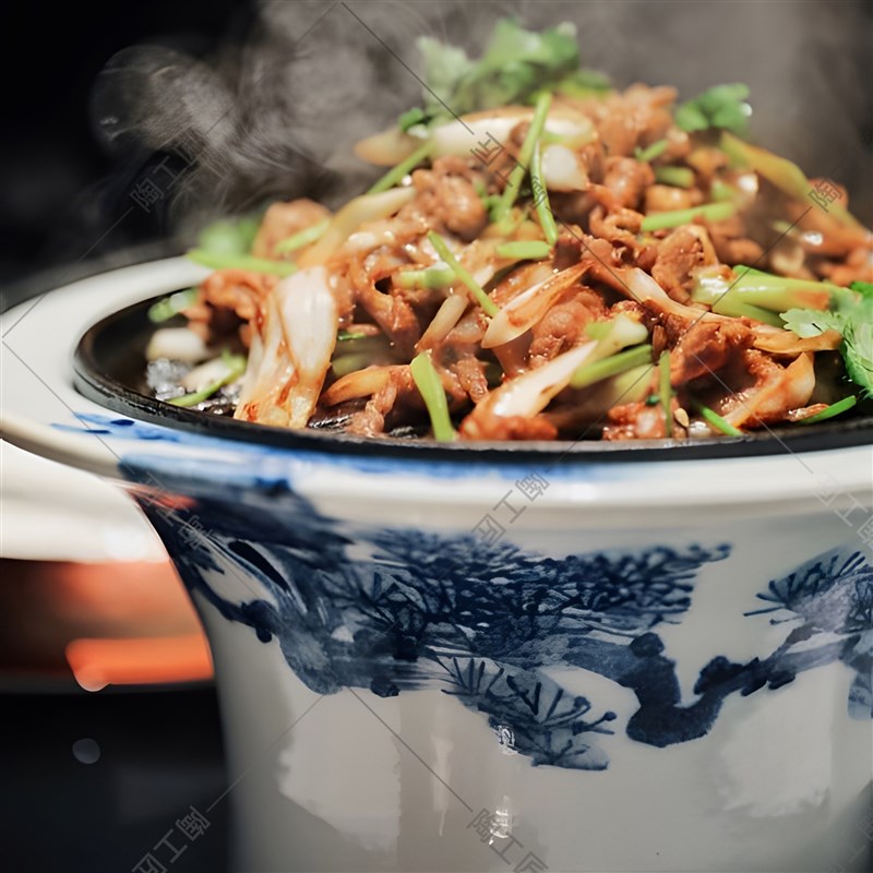 中式铁板烧烤肉圆形青花饭店保温北京盘子炉座加热陶瓷特色创意炉