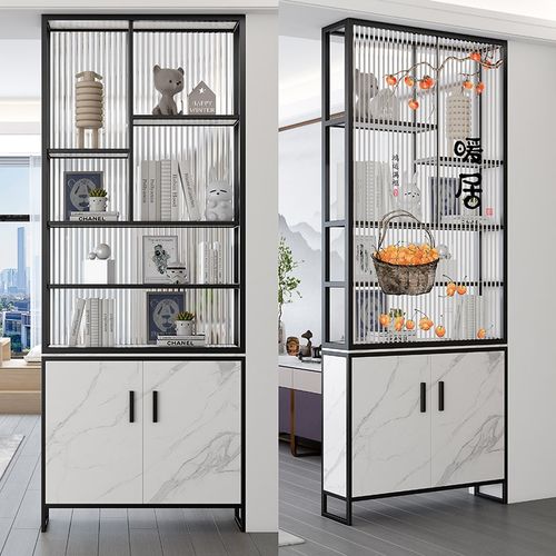 卫生间半墙屏风隔断柜客厅入户玄关艺术画玻璃奶油风洗漱台置物架