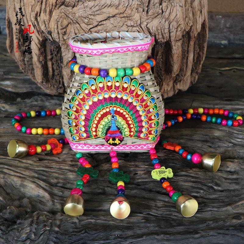 创意民族风绣花凤凰牡丹花双肩儿童彩色小背篓背篼风铃舞蹈道具