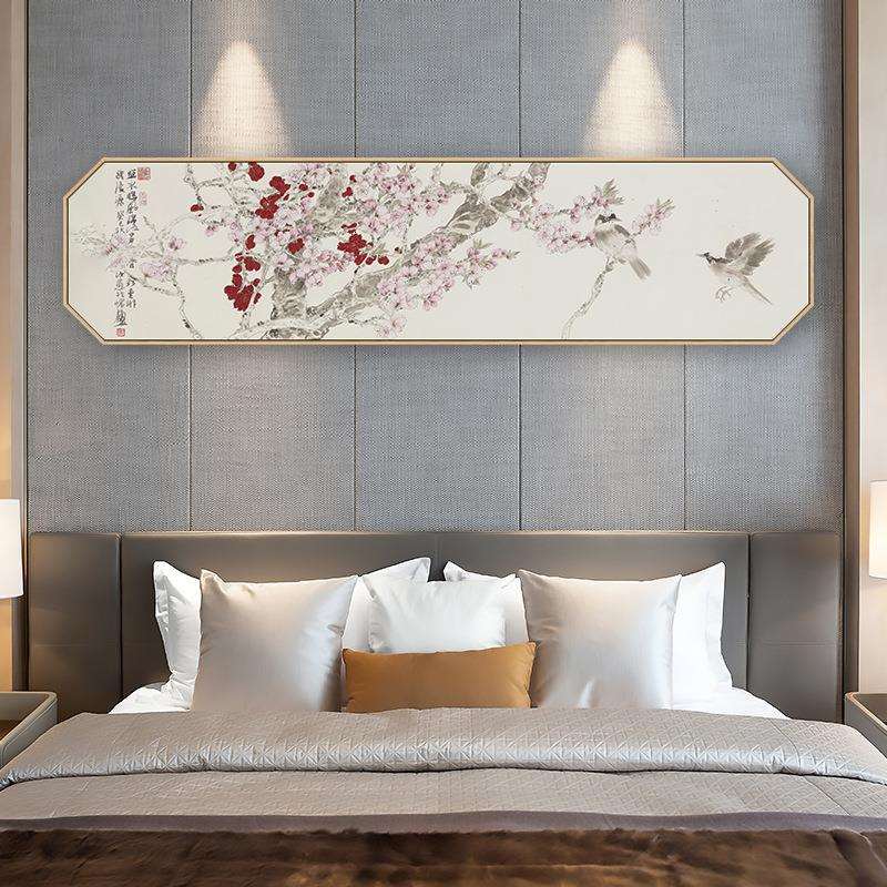 桃花坞 新中式山川花鸟卧室挂画八边形横版单幅温馨床头背景画