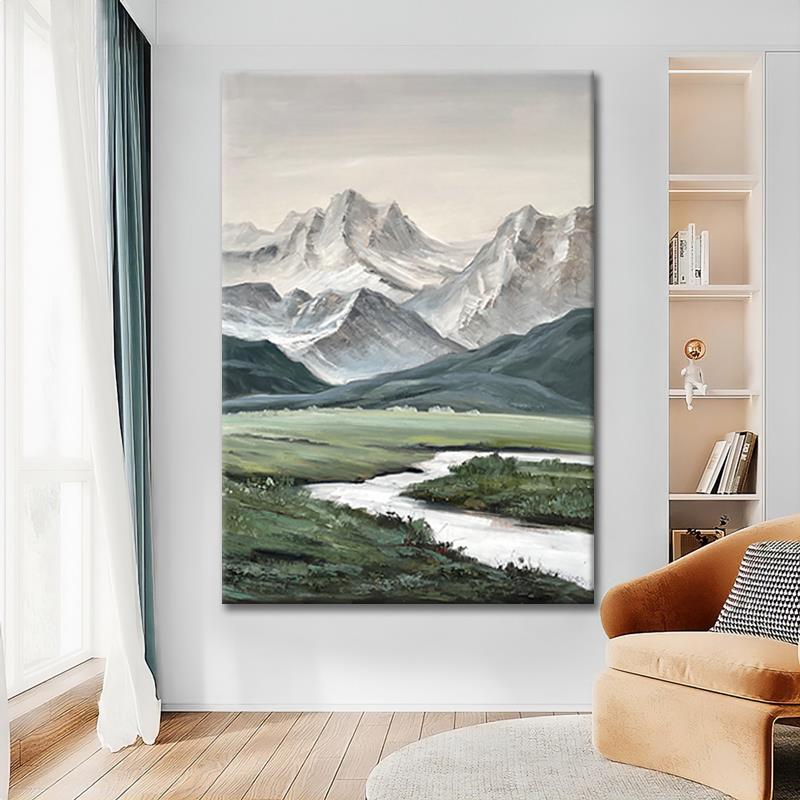 高山流水雪山手绘油画北欧现代风装饰画客厅挂画玄关立体厚肌理画