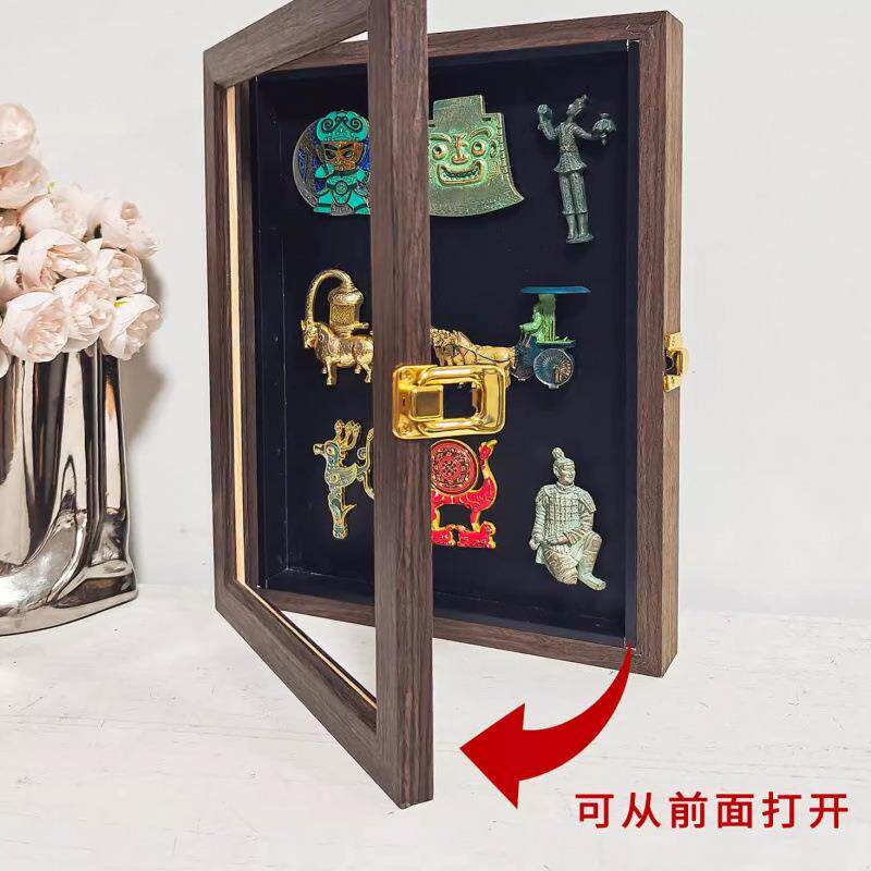 博物馆冰箱贴展示框磁吸磁力收纳收藏展示板黑板翻盖实木相框