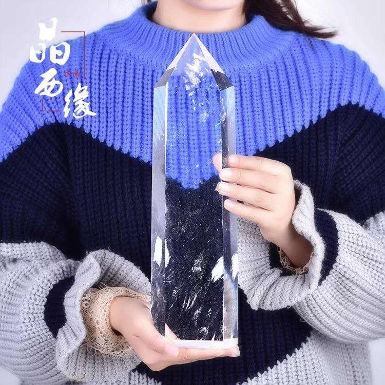 天然原石白水晶熔炼六棱水晶家居摆件晶柱白色透明水晶六棱柱装饰