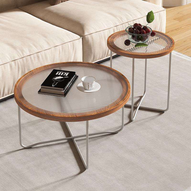 轻奢钢化玻璃茶几小户型客厅现代风简约现代实木圆形茶几组合