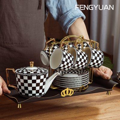 欧式茶具套装轻奢高档棋盘格陶瓷咖啡杯具套装英式下午茶茶具整套