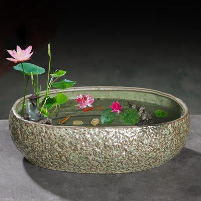 古法养鱼生态造景碗莲陶瓷花盆家用阳台水培池小型装饰仿石头鱼缸