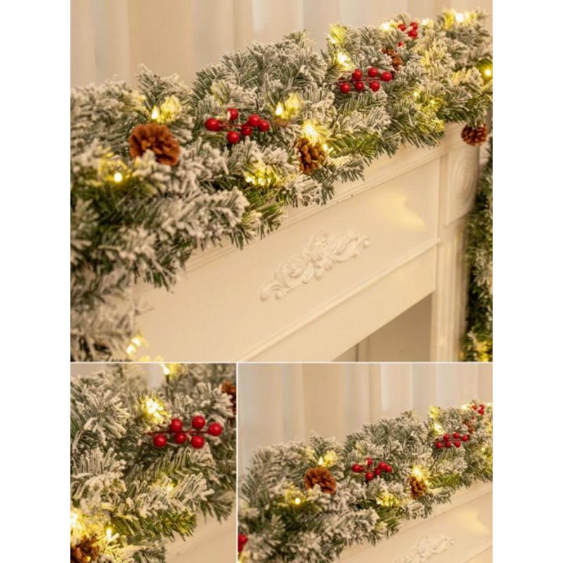 2.7米圣诞藤雪花花束雪藤加Led灯串Pe松针红色水果混合圣诞花环