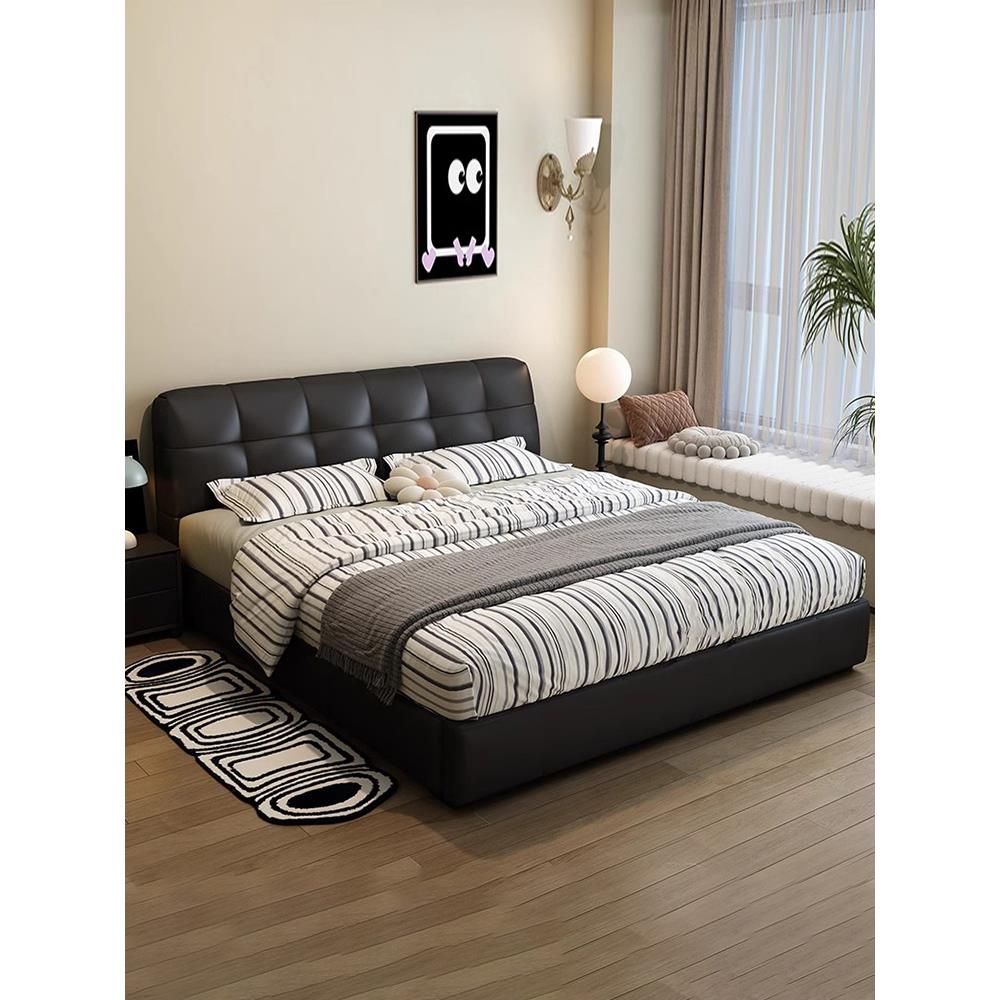 现代简约泡芙床主卧室端大气极简真皮软包皮艺双人床高床婚床软包