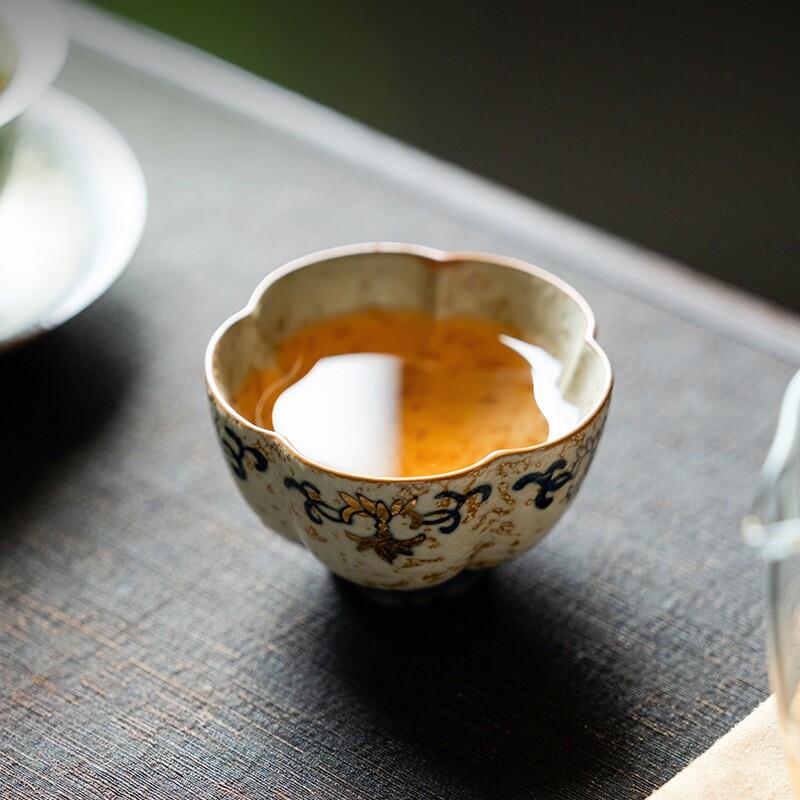 纯手绘描金青花火石红主人杯高档陶瓷茶杯单杯个人专用品茗杯