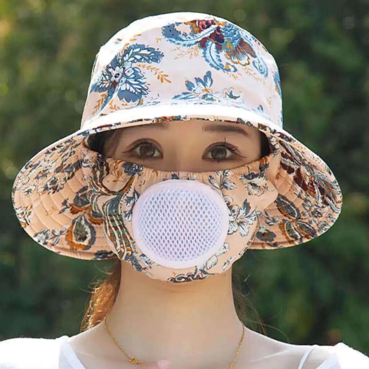 新款防尘工作帽女防晒采茶帽透气面罩遮脸一体口罩太阳渔夫帽妈妈