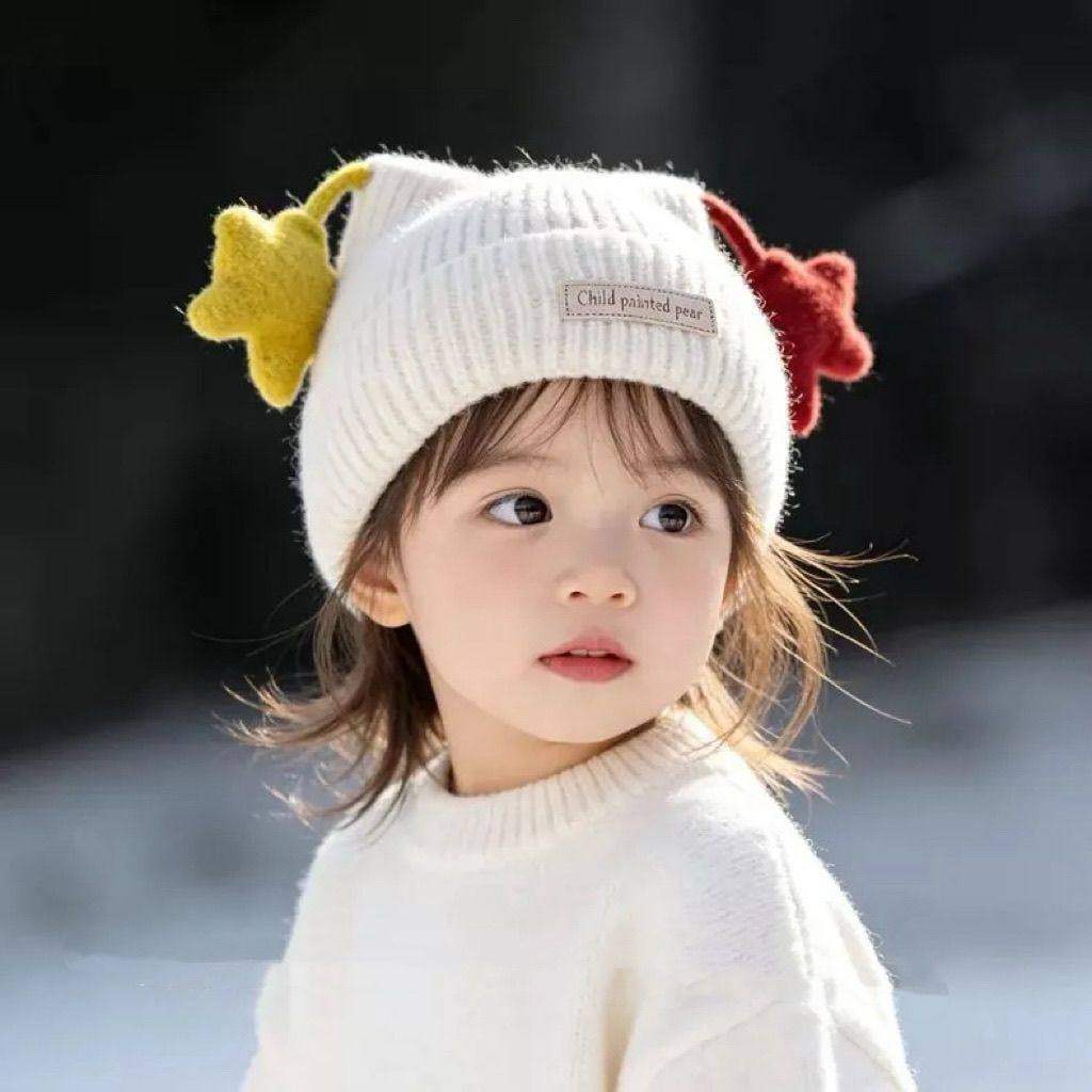 儿童帽子冬季女童保暖加绒星星毛线帽新年圣诞男孩宝宝针织套头帽