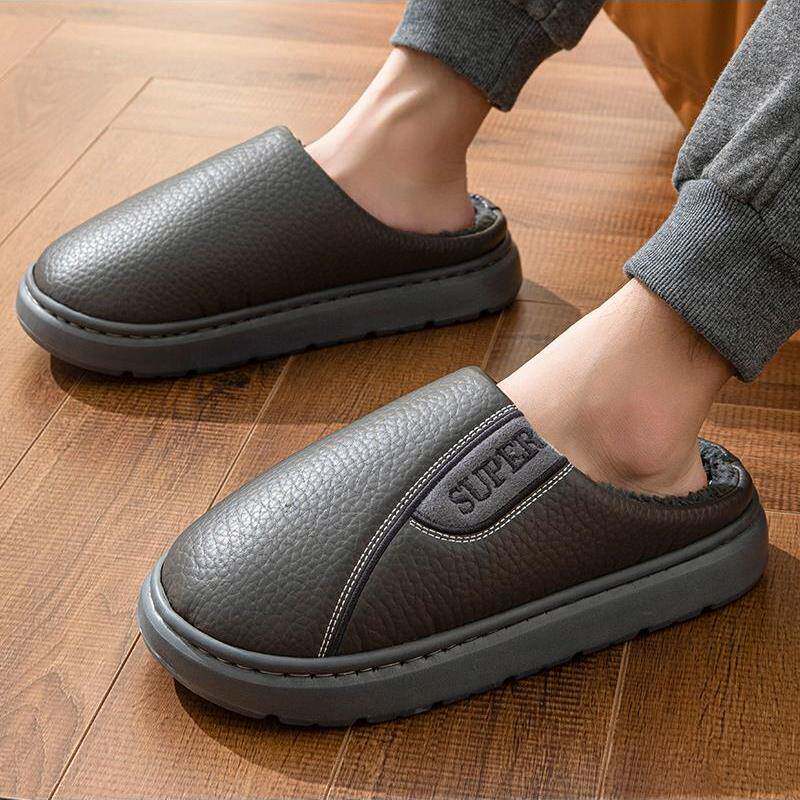 棉拖鞋男士大码秋冬季2025新款室内家居保暖防水防滑PU皮拖鞋冬天