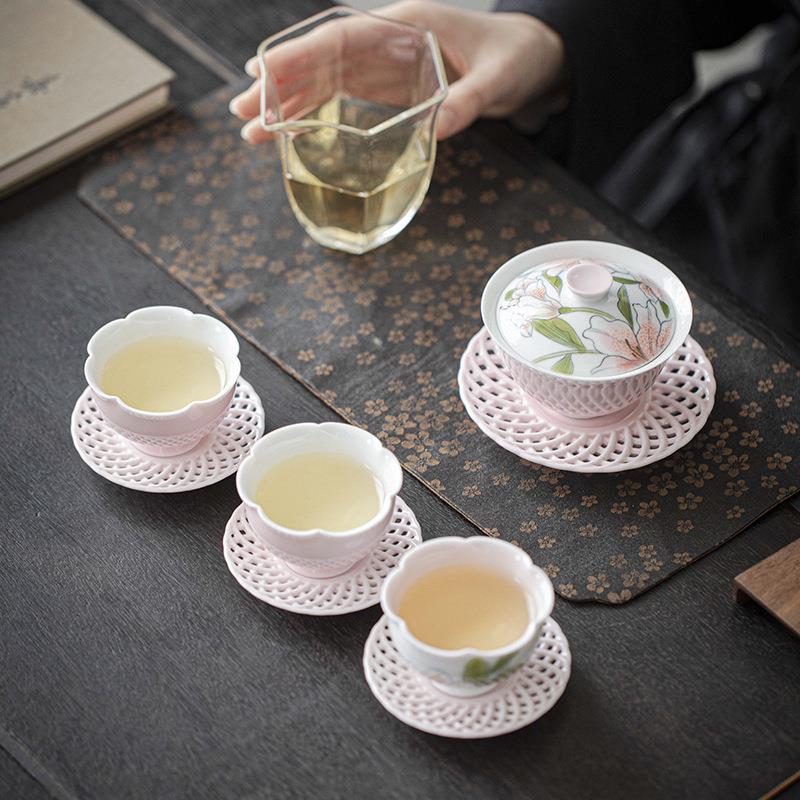 新款直销宜室茶话 手绘粉百合整套茶具 功夫茶具盖碗茶杯家用茶礼图片