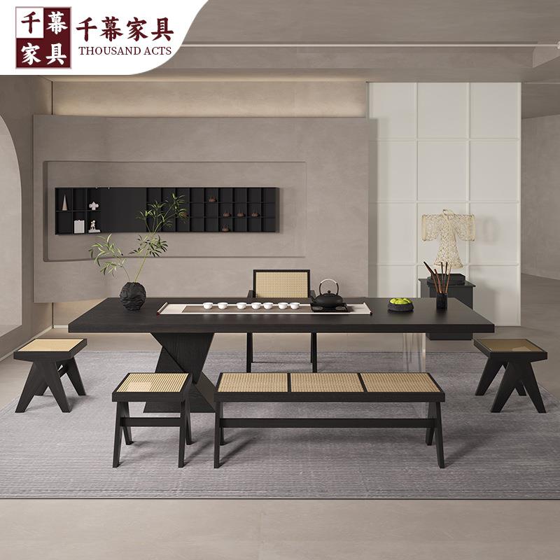 直销新款千慕侘寂风实木茶桌泡茶桌简约碳化黑色白蜡木大板茶台家