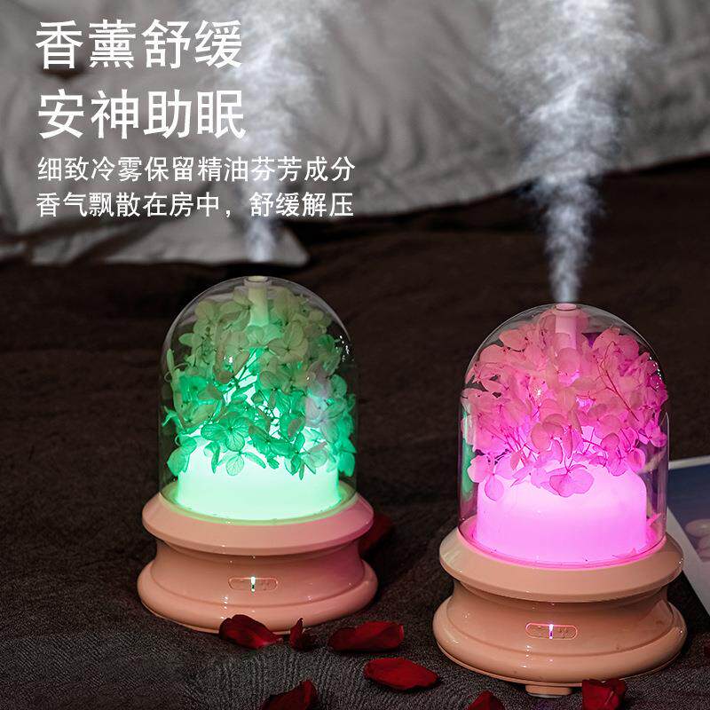 直销新款新款小型流光瓶香薰机 家用炫彩USB迷你夜灯永生花加湿器