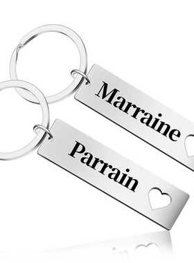 新款直销外贸饰品不锈钢钥匙扣 Marraine Parrain长条扣刻字英文