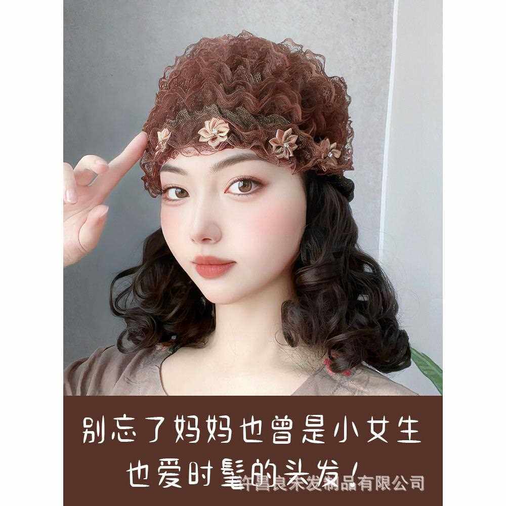 新款直销帽子假发一体女时尚春夏款花朵蕾丝帽遮白发妈妈包头短卷