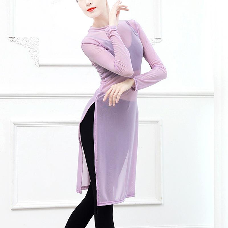 直销新款中长款舞蹈服装开叉高领网纱女修身瑜伽形体现代古典练功