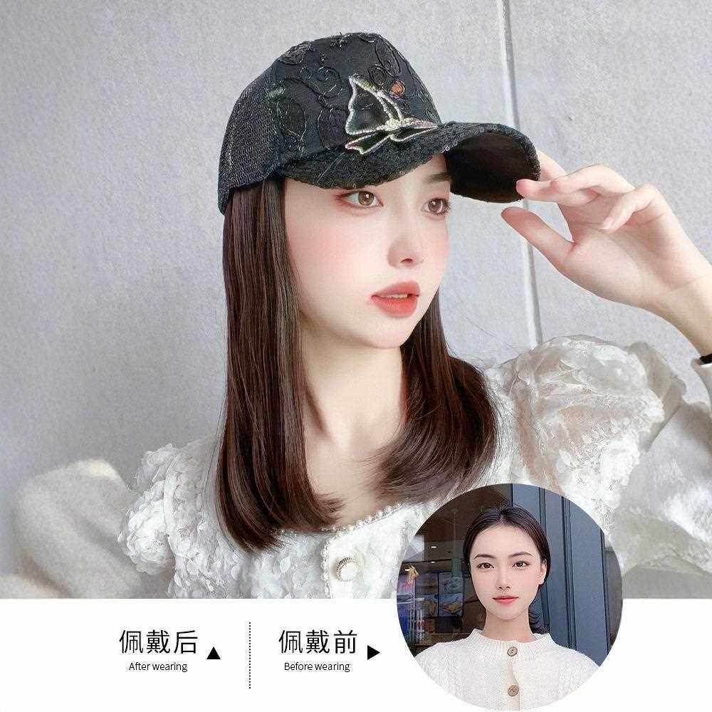 直销新款帽子假发一体式女时尚夏天短直发网纱蝴蝶鸭舌棒球帽短内