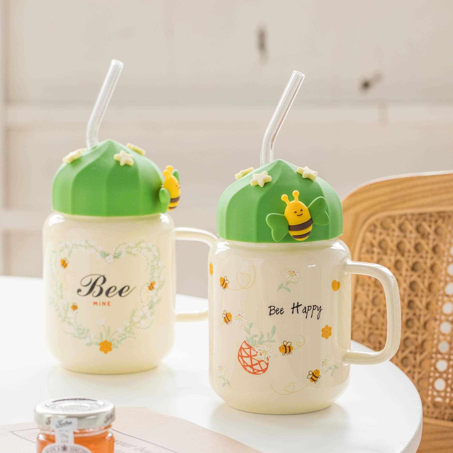 直销新款严选可爱卡通高颜值陶瓷杯带玻璃吸管大容量喝水杯家用礼