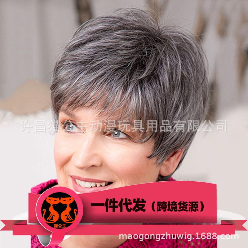 新款直销欧美时尚假发 混灰色短发化纤温丝玫瑰网头套 跨境