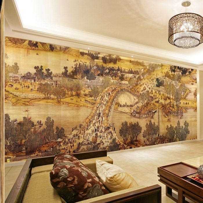 新款直销北宋清明上河图墙纸8d古典电视背景墙壁画酒店餐厅大堂公