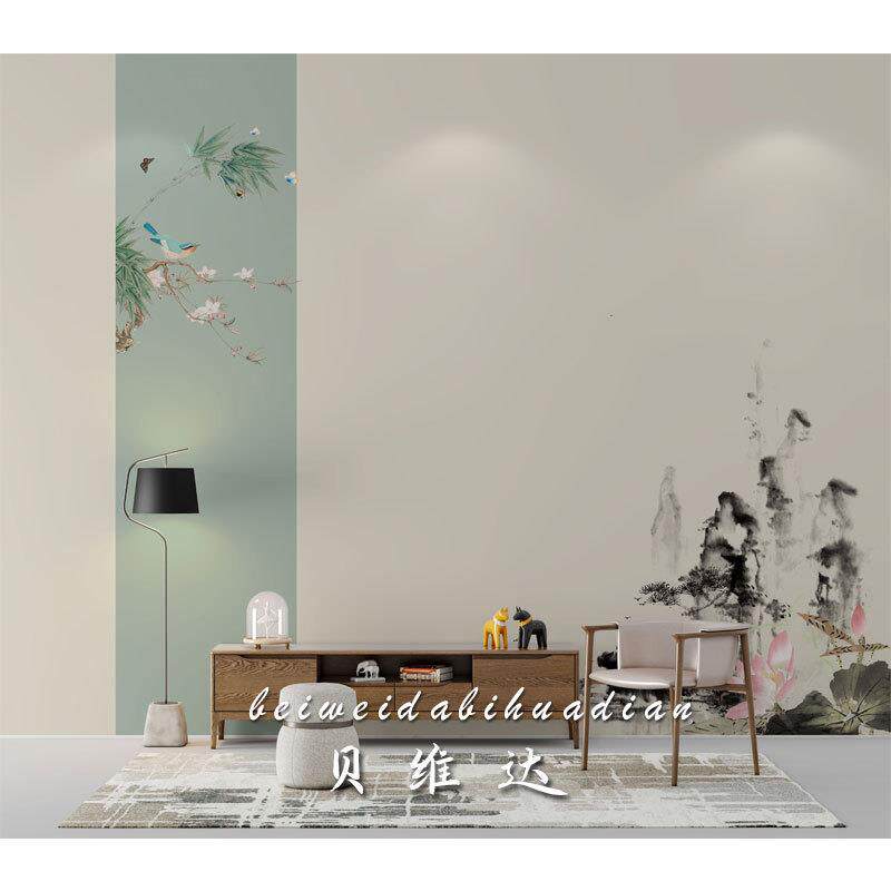 直销新款现代中式淡雅山水花鸟沙发电视背景墙纸壁布水墨荷花客厅