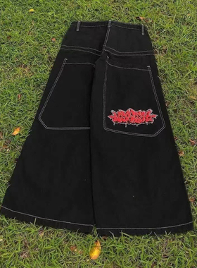 美式复古五分裤宽松阔腿裤黑色牛仔裤潮牌高街直筒裤oversize长裤