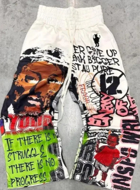 Hip-hop short sleeves欧美流行摇滚风格长裤手绘涂鸦印花短袖T恤