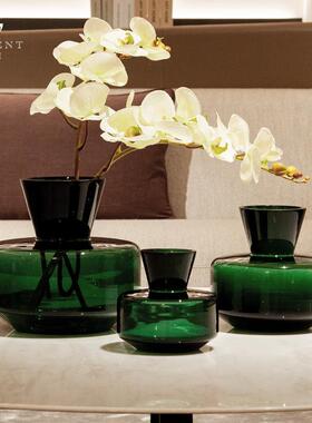 晶淳墨绿色纯粹极简线条玻璃花瓶餐桌装饰高档插花水培摆件饰品